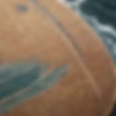 A close-up of a skimboard with unique design patterns