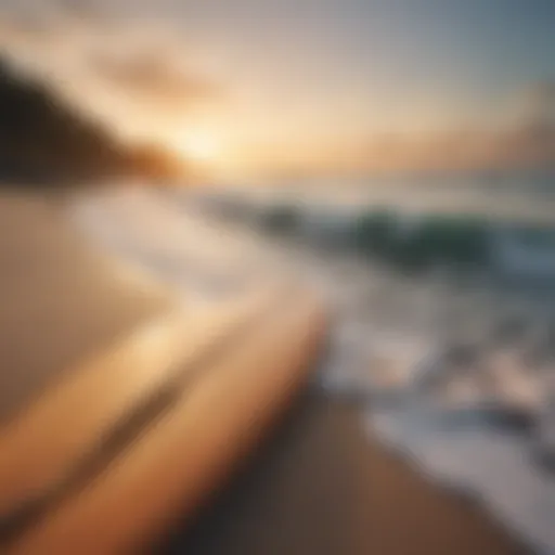 A serene beach at sunset with a lone surfboard resting on the sand