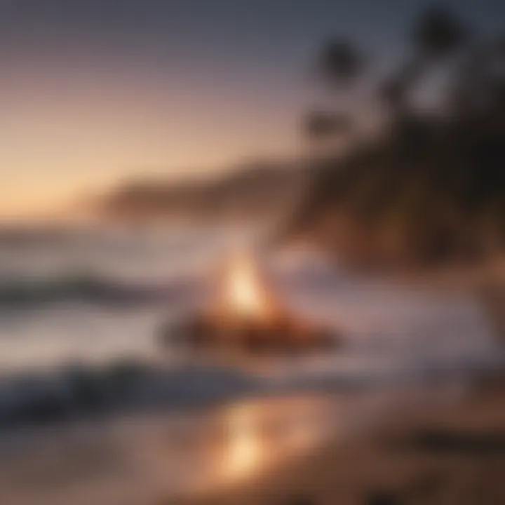 A group of surfers gathering around a beach bonfire under the stars