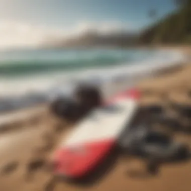 Illustration of essential surfing gear laid out on a sandy beach