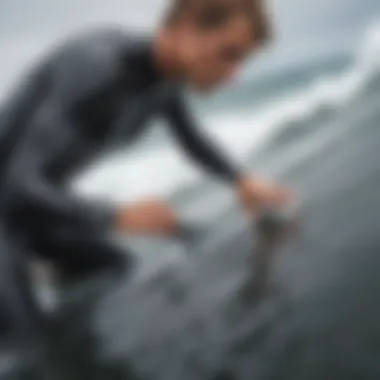 Illustration of a surfer applying wetsuit tape for repair