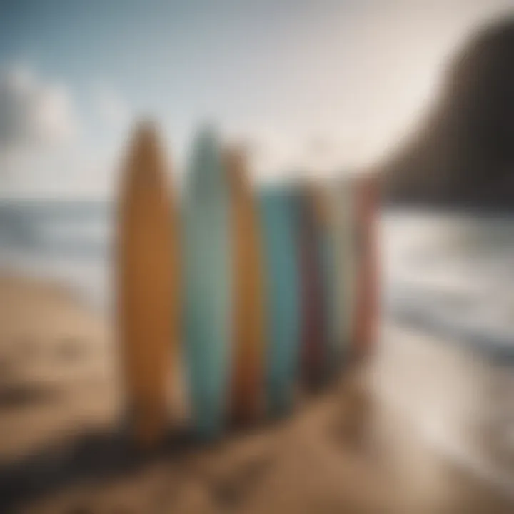 A serene coastline with surfboards lined up waiting to hit the waves.