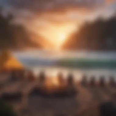 Community Bonding at Surf Camp Group of diverse surfers gathered around a campfire enjoying the evening.