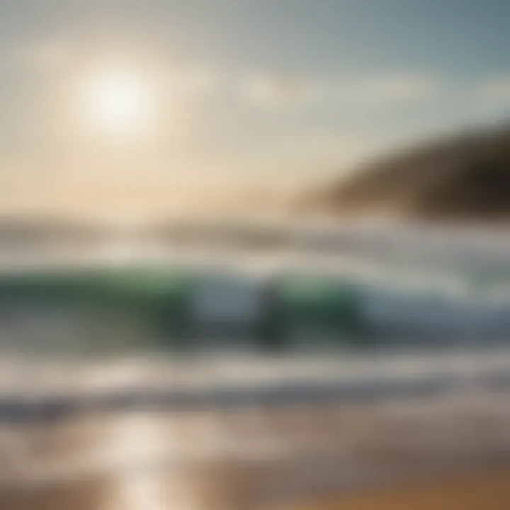 A breathtaking view of surfers catching waves at a picturesque beach.