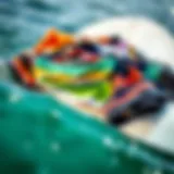 Diverse Boardshorts Collection Vibrant collection of boardshorts displayed on a surfboard