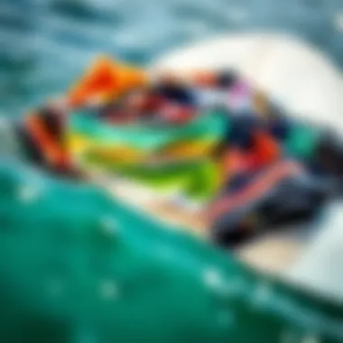 Diverse Boardshorts Collection Vibrant collection of boardshorts displayed on a surfboard