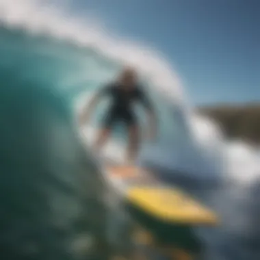 An action shot of a surfer using a paddle in dynamic surf conditions.