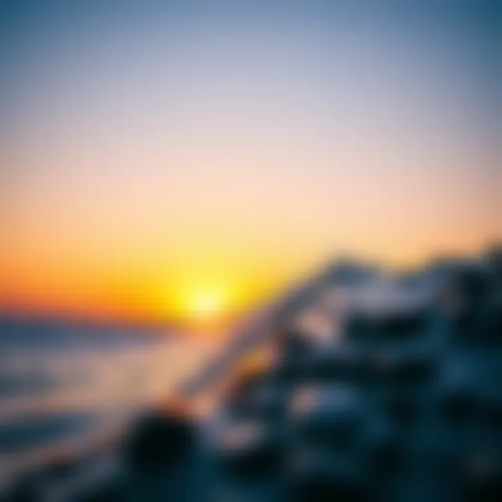 A serene sunset view over an artificial surf environment, blending nature with technology.