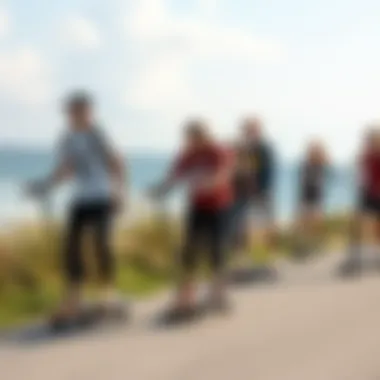 Riding Experience with American-Made Electric Skateboards A diverse group of riders enjoying their electric skateboards in a scenic location.