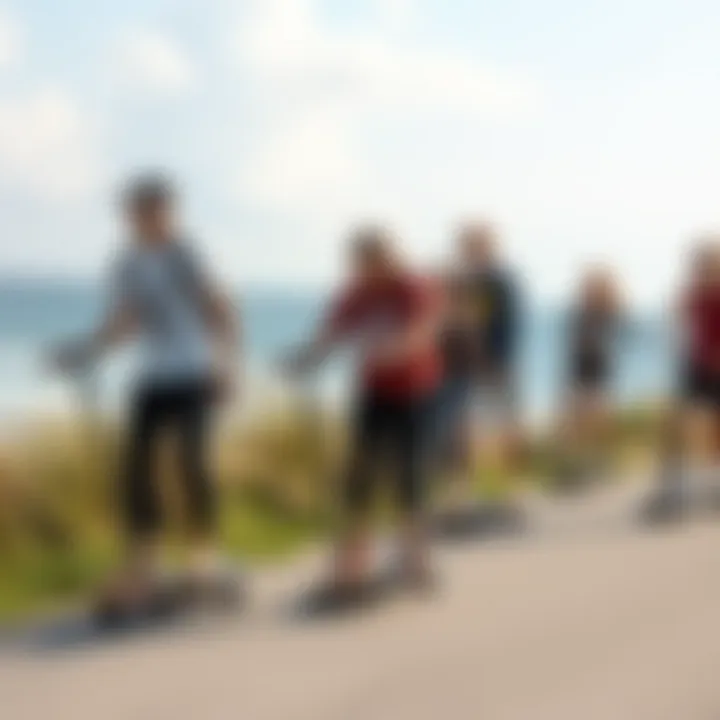 Riding Experience with American-Made Electric Skateboards A diverse group of riders enjoying their electric skateboards in a scenic location.