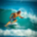 Dynamic surfing action showcasing vibrant board shorts