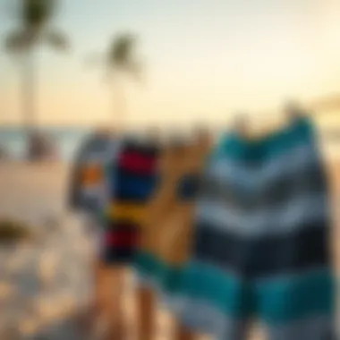 Variety of Styles on the Beachfront Various styles of board shorts displayed on a beachfront