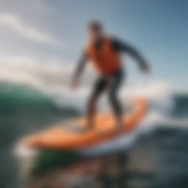 Surfer Using Big and Tall Inflatable Life Vest Illustration of a surfer wearing a big and tall inflatable life vest while riding a wave