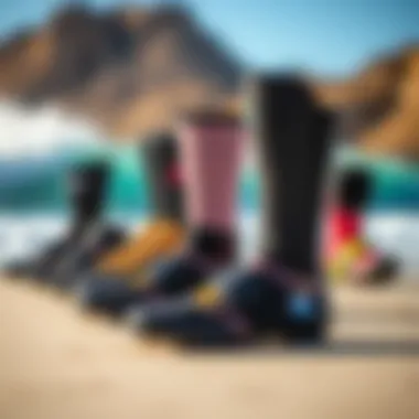 Different models of Buell surf booties lined up for comparison