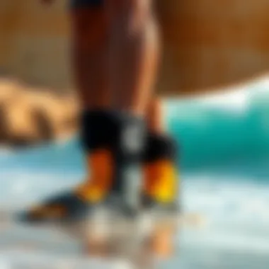 Surfer wearing Buell booties on a vibrant beach