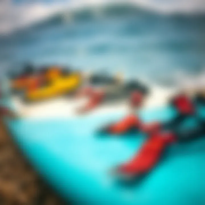 A selection of different Dakine harnesses displayed on a surfboard.