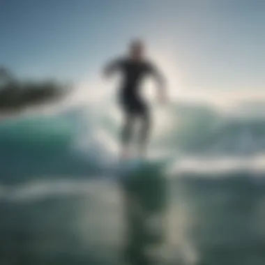 An electric surfboard gliding over crystal-clear waves under the sun