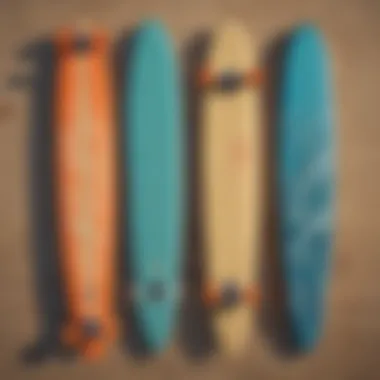 A collection of foam longboards displayed for selection