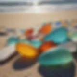 A close-up view of colorful beach glass pieces glistening in the sunlight