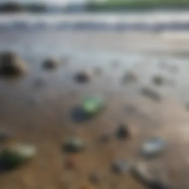 A serene beach scene showcasing a tide pool with beach glass reflections