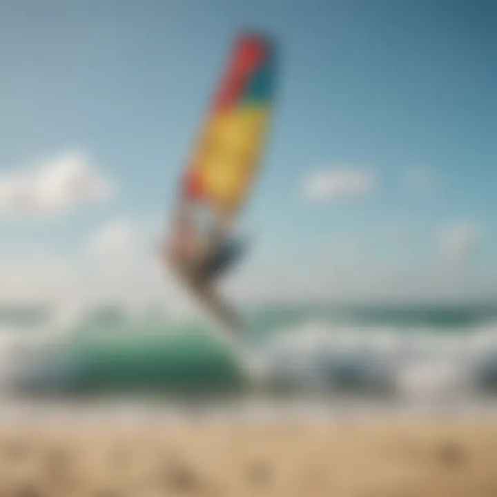 A picturesque beach scene with kite surfers in action