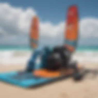 Kiteboarding gear laid out on a pristine beach