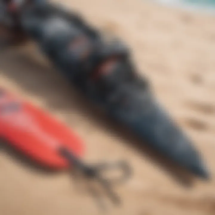 Close-up of kitesurfing gear laid out on the sandy beach