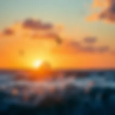 A serene sunset view with kitesurfers on the horizon