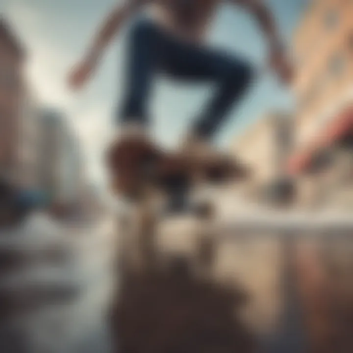 Skateboarder riding on large soft wheels in an urban setting