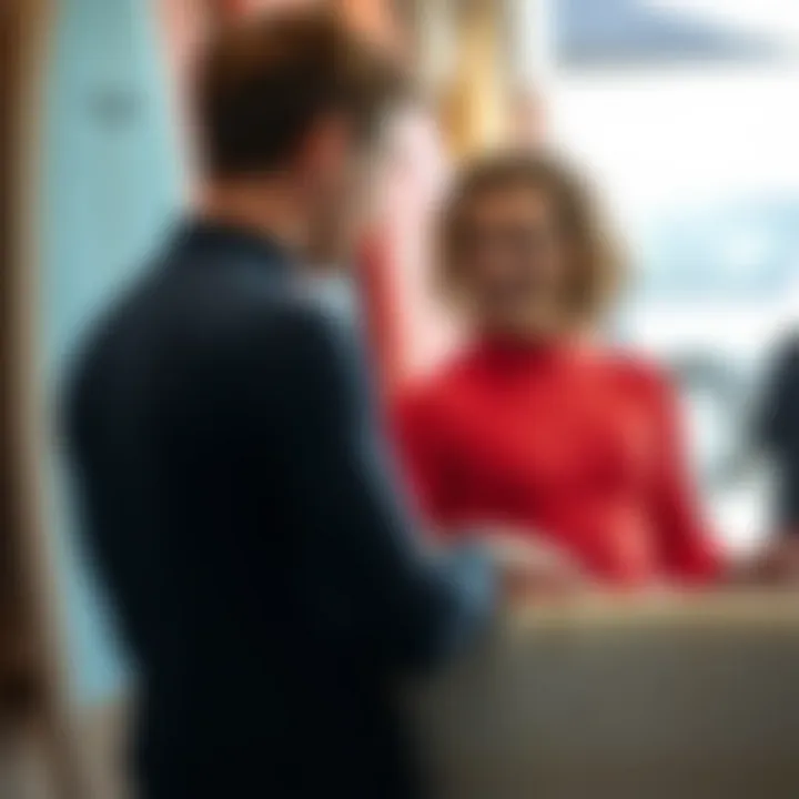 A beginner surfer receiving advice from an expert at a local surf shop