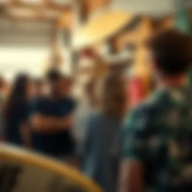 A community event at a surf shop with surfers engaging in discussions and activities