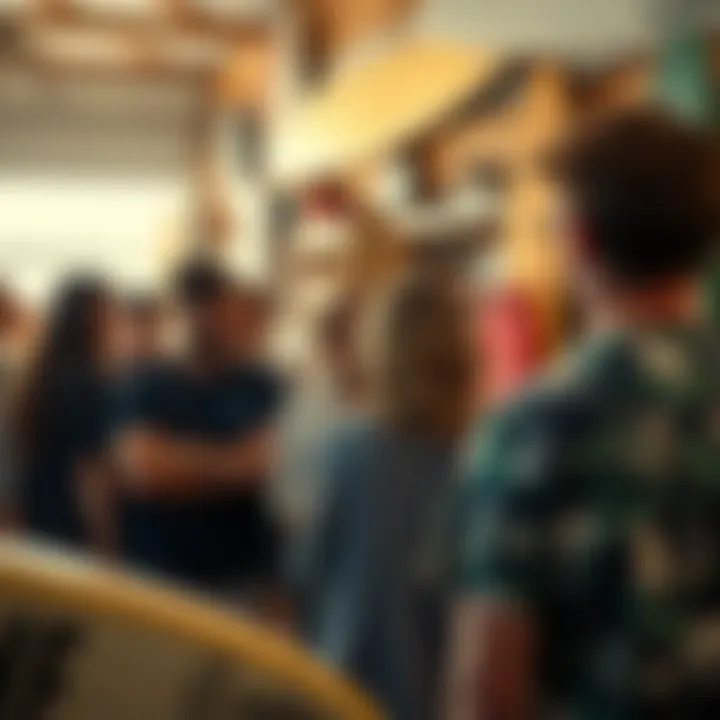 A community event at a surf shop with surfers engaging in discussions and activities