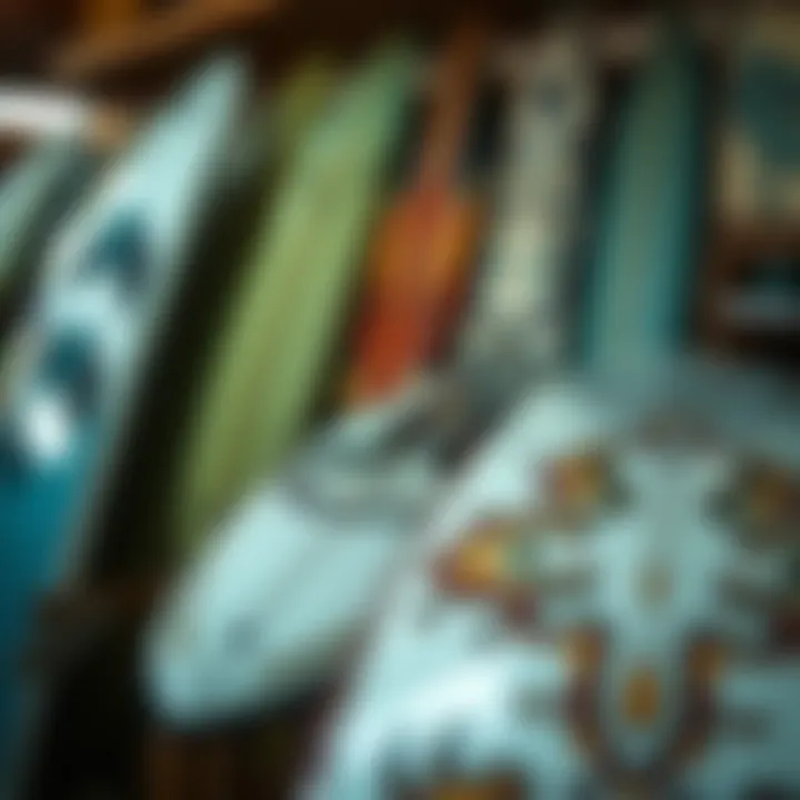 A close-up of surfboards with intricate designs and colors highlighting craftsmanship