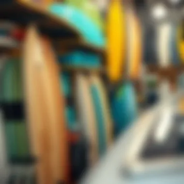 A vibrant local surf shop showcasing a variety of surfboards and gear