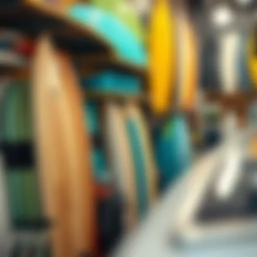 A vibrant local surf shop showcasing a variety of surfboards and gear