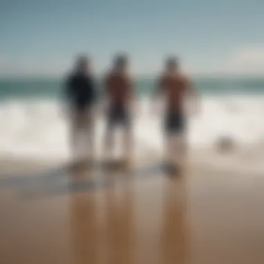 A gathering of longboard enthusiasts at a beach, sharing stories and experiences that highlight the community aspect of longboarding.