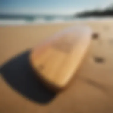 A beautifully crafted longboard surfboard resting on the sand, showcasing intricate artwork and design.