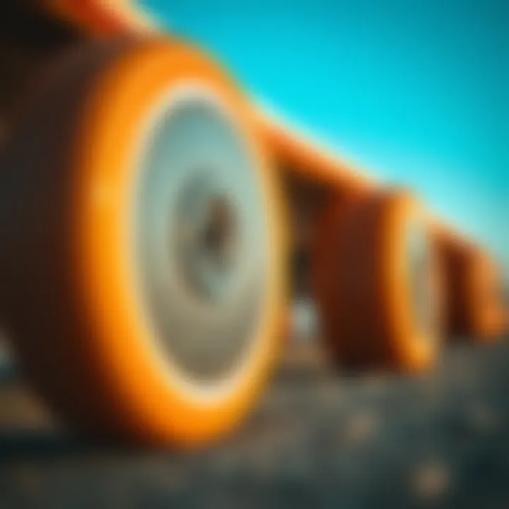 Close-up of longboard wheels showcasing material and grip texture