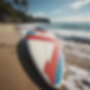 Surfboard with marine flag motifs at a beach