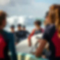 Surf instructor guiding a group of students