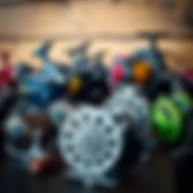 A variety of surf reels displayed on a wooden surface