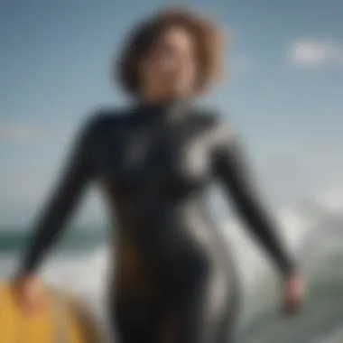 A surfer confidently riding a wave in a plus size wetsuit.