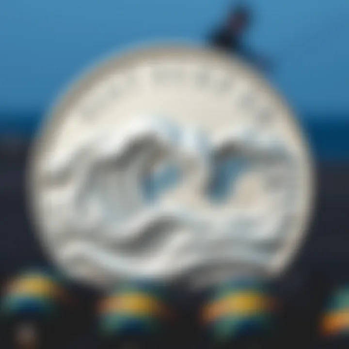 Artistic representation of surfing waves on a silver coin