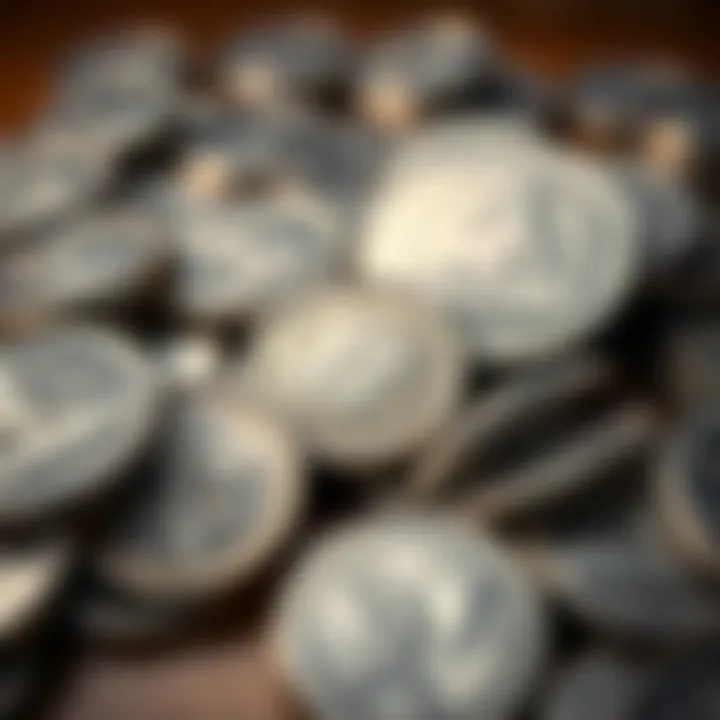 A historical display of silver coins associated with surf culture