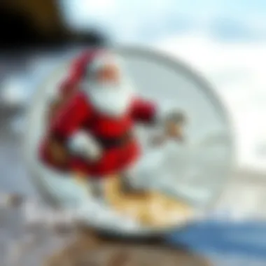 A beautifully designed silver coin featuring a surfing Santa