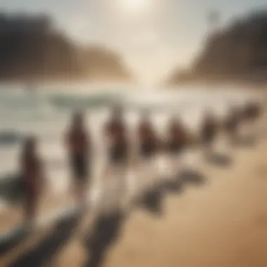 A group of surfers chatting and sharing experiences on the sandy beach.