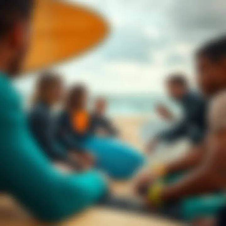 A group of surfers discussing their experiences with Sharkbands on the beach