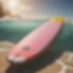 A vibrant soft board surfboard on a sunny beach