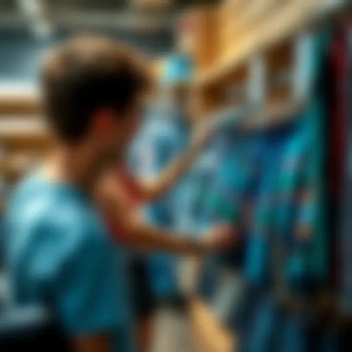 Individual selecting board shorts in a store