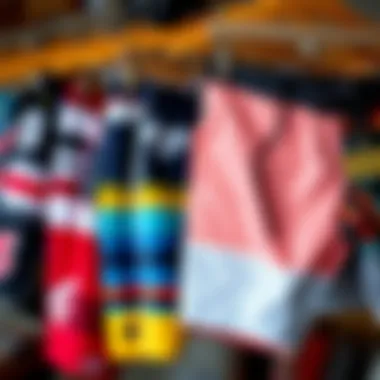 Different styles of board shorts displayed together